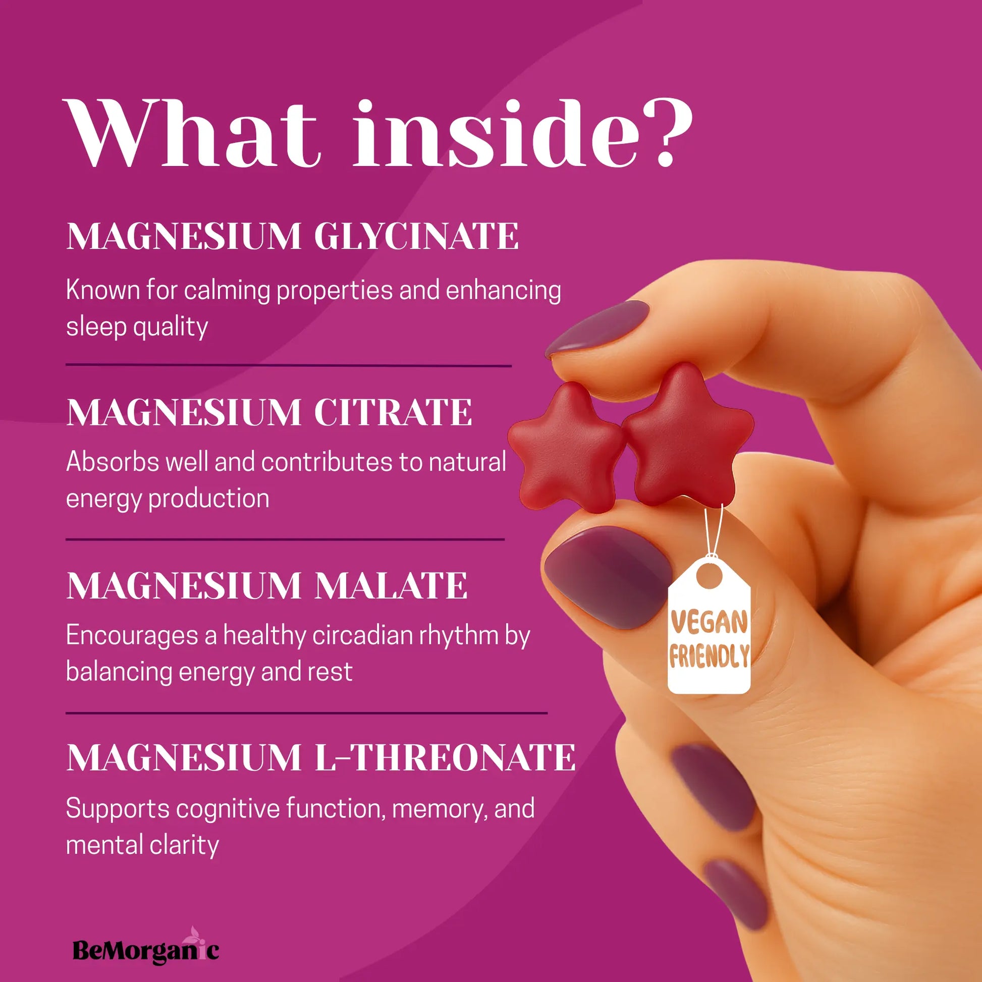 Hand holding a vegan magnesium gummy supplement with text about magnesium citrate, malate, glycinate and L-threonate.