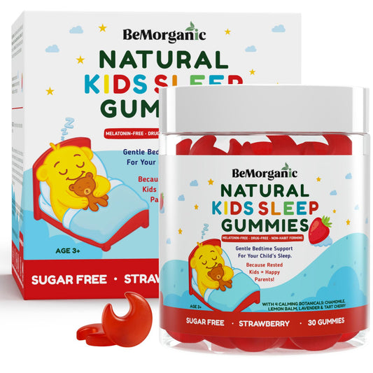 BeMorganic Natural Kids Sleep Gummies packaging with a red gummy bear on a white background