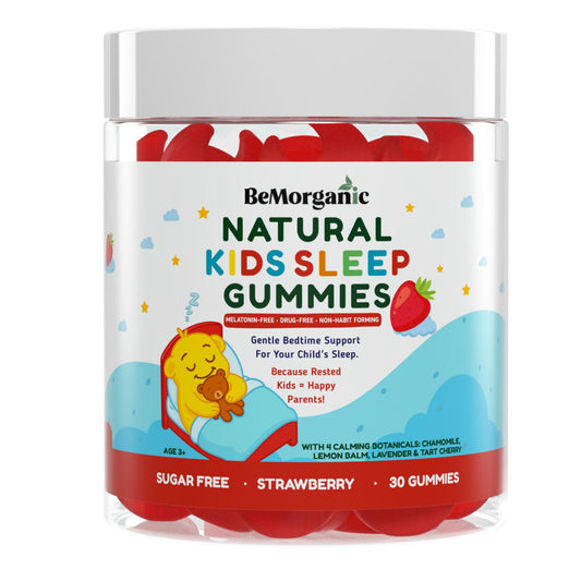 Bemorganic Natural Kids Sleep Gummies packaging with a white lid and colorful label.